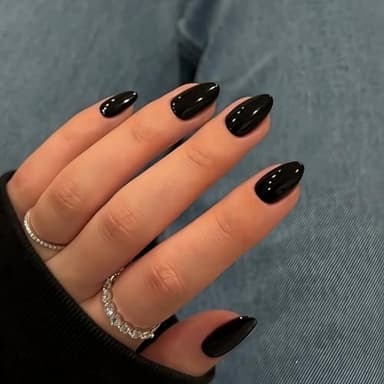 KQueenest Black Press on Nails Short Oval, Short False Nails Almond, Glossy Solid Round Fake Nails Set, Reusable Natural Gel Stick on Nail for Women Finger Daily Wear 24 Pcs