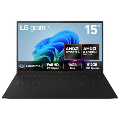 LG gram 15Z80T (Excl.)- 15.6 inch FHD IPS Ultra-Lightweight Laptop, AMD Ryzen AI 7 350, AMD Radeon 860M GPU - 50 TOPS NPU, 16GB RAM, 512GB SSD, Copilot +PC, Windows 11 Home, Black (2025)