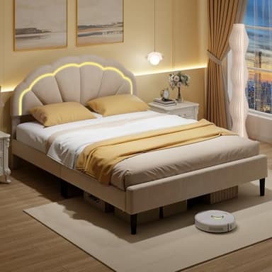 RELAX4LIFE Double/King Size Upholstered LED Bed Frame, Soft Velvet Platform Bed with Adjustable Petal Headboard, Wooden Slats Support Bed Base Mattress Foundation, No Box Spring Needed (King-5FT)