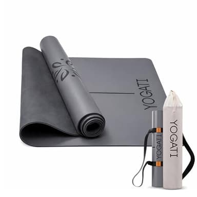 YOGATI® Rubber Yoga Mats for Women | Non Slip Yoga Mat with Alignment Lines. Pilates Mat with Bag and Carry Strap ideal for Fitness and Gym. Large Exercise Mat for Home Workout. Grey