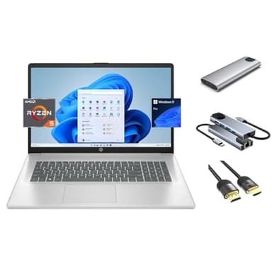 HP 17.3" FHD Laptop, 6-Core AMD Ryzen 5 7430U (beats i7-1255U), 32GB RAM, 1TB SSD + 256GB Portable SSD, WebCam, KeyPad, WiFi6, USB-C, HDMI, 3-in-1 External Storage Bundle, US Version KB, Win 11 Pro