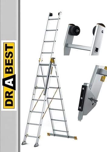 DRABEST - MAX Professional Aluminium Folding Ladder - 3 x 7 Steps - 4,41 m - Industrial - up to150 kg - 3 Section - For Building Industry - Multi-purpose - Extendable - Adjustable - Stairs Ladder
