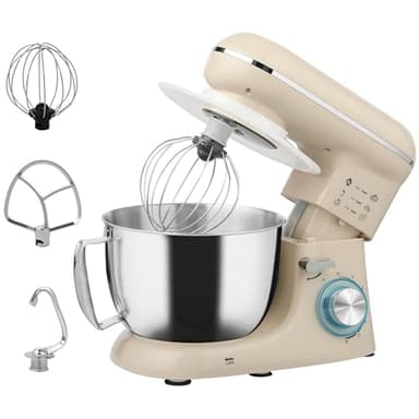 HOMCOM Stand Mixer, 4.5L Food Mixer for Baking, 6 Speeds and Pulse Setting, 1300W Cake Electric Whisk with Dough Hook, Whisk, Stainless Steel Bowl, Splash Guard, Beater, Beige