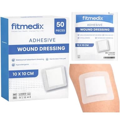 Premium Sterile Adhesive Wound Dressing (10cm x 10cm) - **Pack of 50 for Wounds, Cuts, Grazes, Diabetic Leg Ulcers, Venous Leg Ulcers & Small Pressure Sores- Hypoallergenic Plasters for Wounds