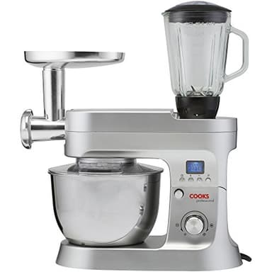 Cooks Professional Stand Mixer & Mincer 1200W | Electric Food Mixer with Pulse Setting | 6.2 Litre Stainless Steel Bowl | Blending Jug, Dough Hook, Whisk, Beater & Splash Guard | Silver