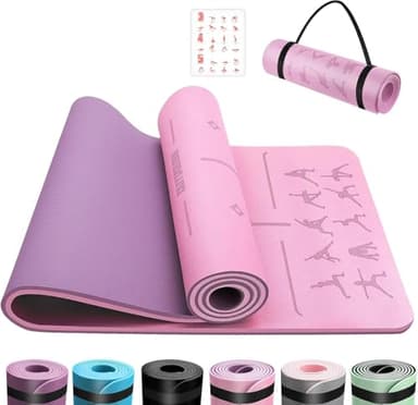 OUTDOUSE Yoga Mat with Alignment Lines,TPE 6mm Sports Exercise Mat,Non-Slip,for Gymnastics,Pilates,Home, Travel,Gymnastics Mat with Storage Straps,Yoga Mats for Women and Men,183x61x0.7cm