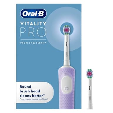 Oral-B Vitality Pro Electric Toothbrushes Adults, 1 Handle, 2 Oral B Electric Toothbrush Heads, 3 Brushing Modes Including Sensitive Plus, Rechargeable, 2 Pin UK Plug, Purple