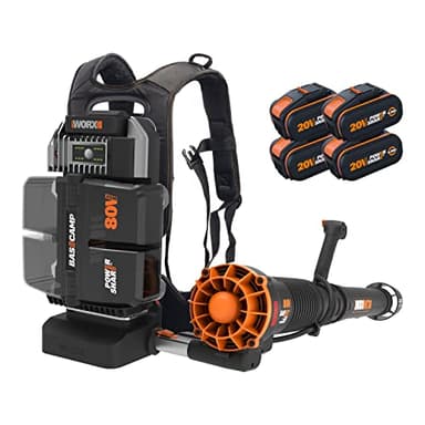 WORX 80V Backpack Blower WG572E Cordless Brushless AIR Turbine Blower Vacuum, Gas-like Power, 150 km/h, 800 m³/h, PowerShare, 4 * 4.0Ah Battery w/indicator, 1* Basecamp charger