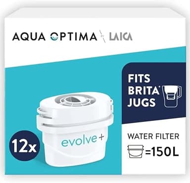 Aqua Optima Evolve+ Water Filter Cartridges, 12 Pack - Fits Brita Jugs & Alternative for Maxtra Filters - Reduces Limescale, Chlorine and Other Impurities - by Laica (Packaging May Vary)