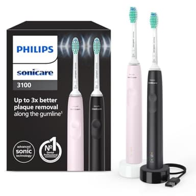 Philips Sonicare 3100 Electric Toothbrush, Sonic Toothbrush, Pressure Sensor and Timer, Sugar Rose and Black, Dual Pack, HX3675/15