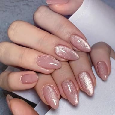 SXVME Nude Pink False Nails Glitter, 30 Pcs Short Almond, Sparkly Shiny Press Ons With Design, Cute Bling Stick On Nails For Women Daily Holiday Wear