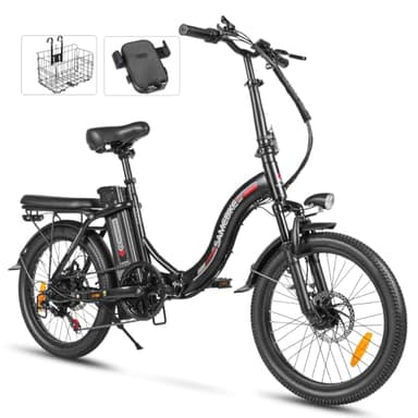 SAMEBIKE 20" Folding Electric Bike for Adults with 36V13AH Removable Battery,Powerful Electric Bicycle, 70km Range & 25km/h,7-Speed Commuter Ebike,Free Front Basket & Phone Holder (Black)