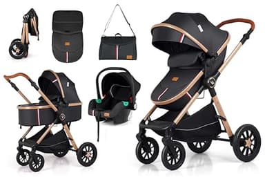 3-in-1 Travel System Stroller, Black with Rose Gold Accents, Convertible Pushchair with Car Seat and Bassinet, Birth to 3 Years, 5-Point Safety Harness