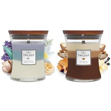 Woodwick Medium Hourglass Trilogy Scented Candle | Calming Retreat | with Crackling Wick | Burn Time & Medium Hourglass Trilogy Scented Candle, Cafe Sweets, with Crackling Wick, Burn Time