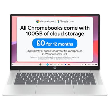 HP Chromebook 14" | Intel Processor N100 Processor| 4 GB RAM | 128 GB Flash Storage | Intel UHD Graphics | HD Display | Up to 12hrs battery | Chrome OS | Dual Speakers | Glacier Silver | 14a-nf0002sa