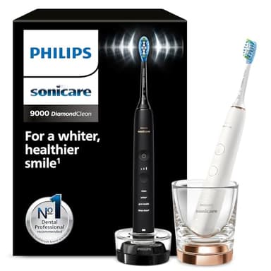 Philips Sonicare DiamondClean 9000 Electric Toothbrush, Sonic Toothbrush with App, Pressure Sensor, 4 Brushing Modes, 3 Intensity Levels, Charging Glass, Black & Rosegold, Dual Pack, Model HX9914/57