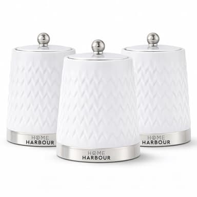 Home Harbour Eden Collection Set of 3 Tea Coffee Sugar Canisters | Modern Ceramic Gloss Jars with Airtight Lids | Storage Jars for Kitchen Countertop Organisation Chrome Ball Lid (White)