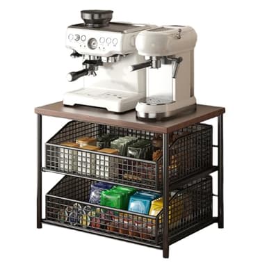 Coffee Machine Stand with 2 Drawers, Countertop Coffee Bar Organizer Stand, Walnut Wood Top Coffee Pod Storage with 2 Sliding Mesh Baskets for Kitchen Counter, Pantry, Office