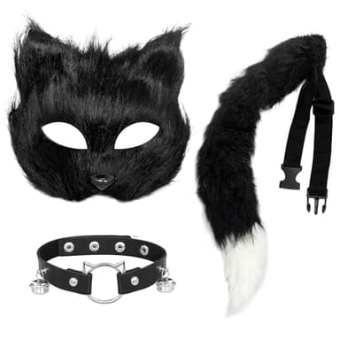 Grantop 3 Pcs Cosplay Set - Furry Fox Wolf Masks and Tails for Halloween
