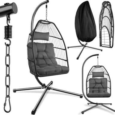 tectake® Luxurious Egg Chair with Stand, Thick Cushions, Polyrattan Weave, Rotatable & Height-Adjustable, Steel Frame, Incl. Protective Cover - Ideal Hammock Chair for Garden, Patio & Balcony - Grey