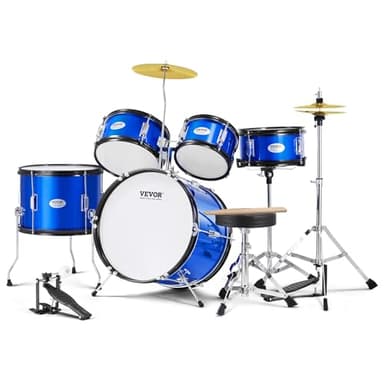 VEVOR Five Piece Kids Drum Set, Complete Drum Set for Beginner Kids with Bass, TOMS, Box, Drum, Adjustable Throne, Charles Pedal and Two Pairs of Drumsticks, Blue
