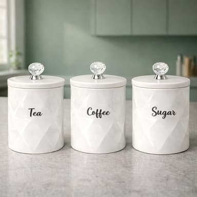 ONE BEST DEAL OBD Marble Tea Coffee Sugar Canisters Set Airtight Crystal Lids Unique Design Kitchen Decor & Housewarming Gift Set (White)