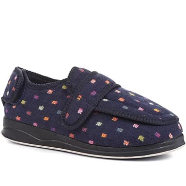 Pavers - Womens Wide Fit Adjustable Fasten Full Slipper in Navy Multi - Two Touch Fastening Points - Fit to Gently Accommodate Sensitive Feet - Plush Linings & Cushioned Insole - Size 5 UK