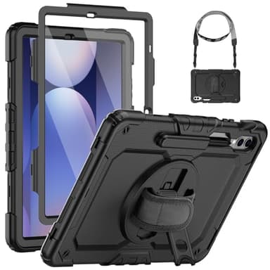 SEYMCY Case for Samsung Galaxy Tab S10+ / S9+ / S9 FE+ Plus 12.4 inch, Shockproof with Screen Protector, 360° Rotating Hand Strap & Stand, Shoulder Strap for Samsung S10/S9 Plus Tablet, Black