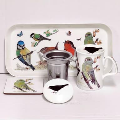 Roy Kirkham - England Lidded Infuser Mug Coaster and Tray (5 Piece Set) - Garden Birds Design