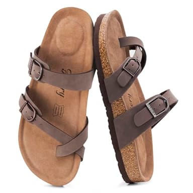 FITORY Women's Slide Sandals with Soft Cork Footbed, Comfort Arch Support Flat Sandals for Summer Brownish Yellow Size 6.5