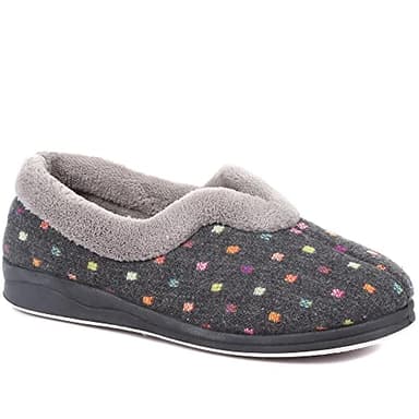 Pavers - Womens Wide Fit Polka Dot Slippers in Dark Grey - Classic Slip-On Silhouette - Lined with Soft, Fluffy Comfort - Treated with Permalose, Supporting Better Foot Health - Size 7 UK Wide