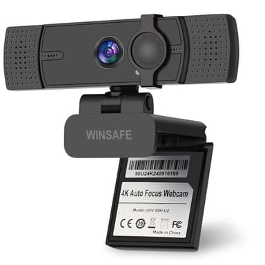 WINSAFE Webcam 4K, Ultra HD Video Calling, AI Auto Focus, Dual Noise-Canceling Microphones, 70° FOV, 1080P@60FPS, Privacy Cover, Plug&Play PC Camera, Works with Teams, Zoom, OBS, Skype, Google Meet
