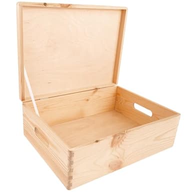 Creative Deco XL Large Plain Wooden Storage Box | 40 x 30 x 14 cm (+/-1 cm) | Hinged Lid & Handles | Unpainted Gift Box Storage | UNSANDED Wood Keepsake Memory Craft Chest