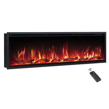 FlameKo Avena 153cm/60" Slim Frame Recessed Media Wall Inset Electric Fireplace with Multi Flame Colours, with Logs, Heater 750W & 1500W