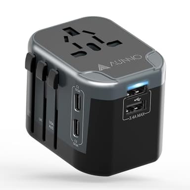 AUNNO Universal Travel Adapter, International Travel Plug Adapter with 2 USB-C and 2 USB Ports, All in One Plug Adaptor with Dual Safety Fuses, UK to European Plug Adaptor for EU USA Australia etc