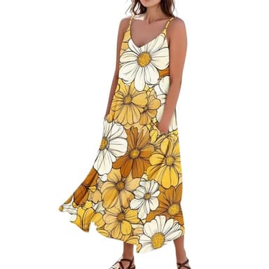 Sales Clearance My Orders UK Boho Maxi Dresses Casual Boho Loose Floral Print Spaghetti Strap Maxi Sundress with Pockets Phase Eight Dresses (Yellow, XL)