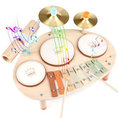 Vanplay Kids Wooden Drum Kit Musical Instruments For Toddlers - 3 Drums, 2 Cymbals, Xylophone & Sticks - Ages 3-5 - Musical Toys For Boys & Girls