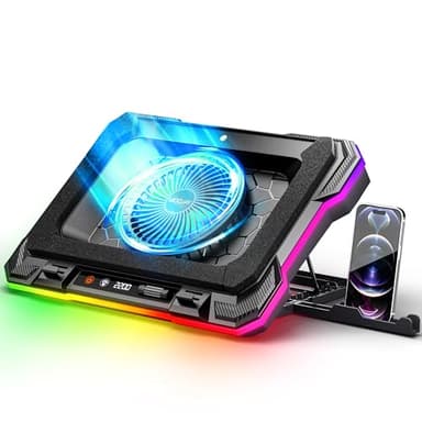 Laptop Cooling Pad Powerful Turbo Fan RGB Gaming Notebook Cooler, Moojay Laptop Fan Cooling Stand with 8 Adjustable Heights and Phone Holder, for 14-19 Inch Laptops - Ice Blue LED Light