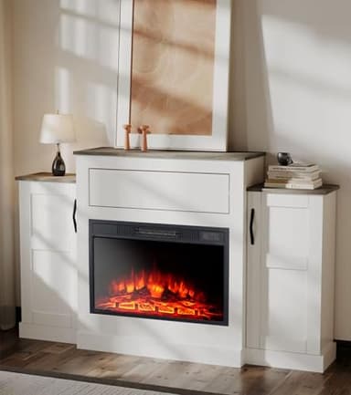 M.C.Haus Electric Fireplace TV Stand with 3 Flame & 3 Brightness Levels,Timer & Overheat Protection - Enclosed Side Storage Compartments & Push-to-Open Drawer Above Firebox,150CM
