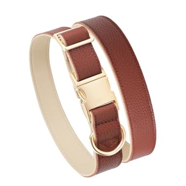 Brown Leather Dog Collar，Adjustable Genuine Soft Padded for Small Medium Large Dogs，Quick Released Metal Buckle(M,Brown)
