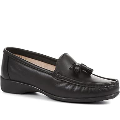 Pavers Women's Loafers in Black with Tassel and Contrast Stitch Detail - Wide Fit Elegant Leather Shoes - Ladies Smart Footwear - Size UK 7 / EU 40