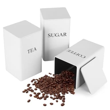 smtfcty Tea Coffee Sugar Canisters 1000ML 3 Pack Storage Canister Set, Metal Canister Storages Jar Container Set With Airtight Lid, Decorative Storage Tins for Home Kitchen (White)