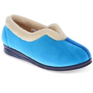 Pavers - Womens Wide Fit Cosy Antibacterial Full Slippers in Blue Teal - Memory Foam Insole - Styled with a V-Cut at the Vamp - Finished with a Permalose Treatment - Size 7 UK Wide