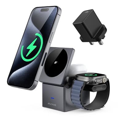 3 in 1 Wireless Charging Station,15W Fast MagSafe Charging Stand, Foldable Magnetic Wireless Charger for Apple Devices iPhone 16/15/14/13/12 Series, AirPods Pro 4/3/2, Apple Watch Series/ultra