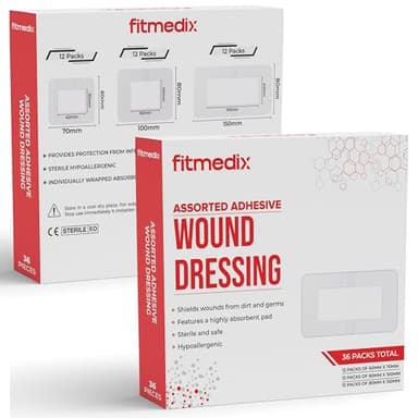 Assorted Adhesive Wound Dressings - 36 Packs for Protection from Infection, Sterile Individually Wrapped, Hypoallergenic, Breathable, Absorbent for Cuts, Grazes, Ulcers, Sores