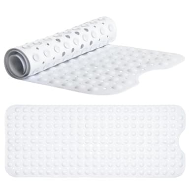 White Bath Mat - Machine Washable Shower Mat For Kids And Elderly - (101x40cm) Extra Long Bath Mat Non Slip Anti Mould Shower Mat - Rubber Suction Cup Non-Slip Bath Mats for Inside Bath