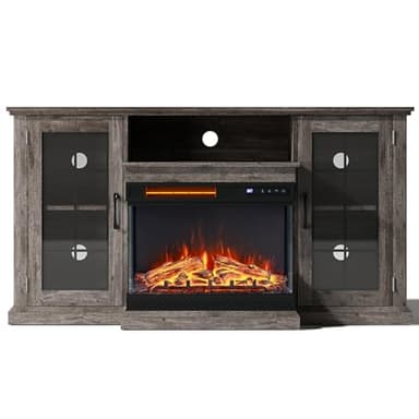 Warmiehomy Electric Fire Insert TV Stand, 59" TV Unit with Fireplace Built in, 12 Flame Effect Support, 24" 3D Fireplace, Remote Control & Overheat Protection, Wooden Grey