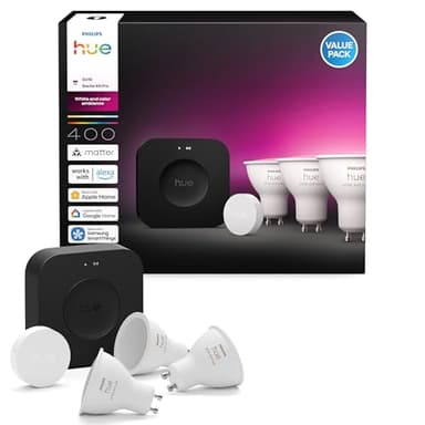 Philips Hue Starter Kit: Bridge Pro + 3 GU10 Smart Spotlights + Smart Button, White and Color Ambiance, Smart Light Hub, Works with Apple Home, Amazon Alexa, Google Assistant, Samsung SmartThings