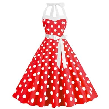Women's Vintage Rockabilly Dress 1950s Cocktail Party Dress Polka Dot Halter Neck Sleeveless Retro Dresses A Line Swing Flowy Tea Dress Audrey Hepburn 50s 60s Dance Gown Clearance Red