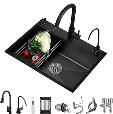 KELINGOUD Black Stainless Steel Kitchen Sink, Single Bowl Kitchen Sink, Drop in/Topmount Workstation Sink with Sliding Accessories, Farmhouse Workstation Sink with Multiple Accessories (65 x 45cm)
